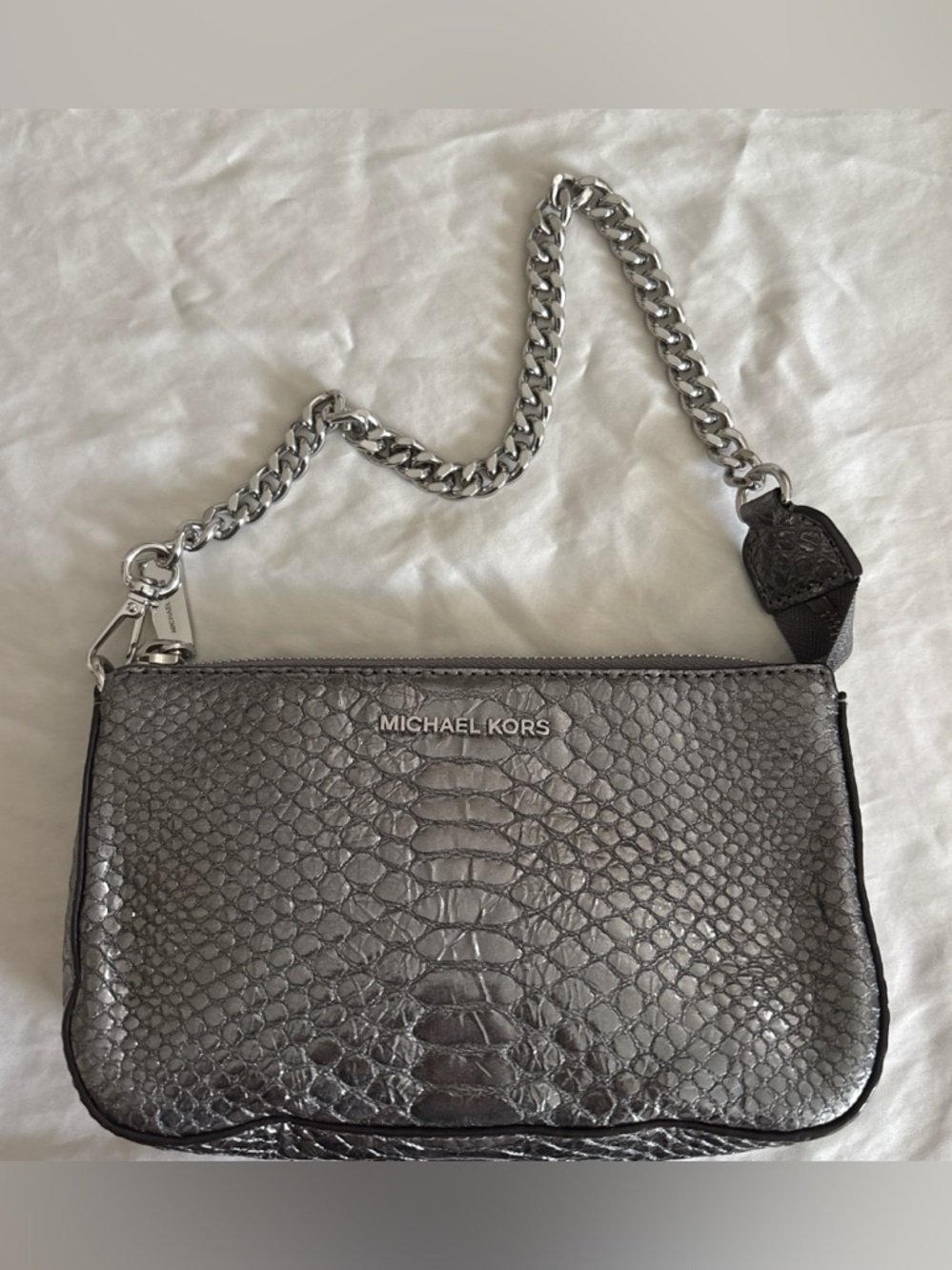 Michael Kors Metallic Silver Snake-Embossed Crossbody Bag with Chain Strap